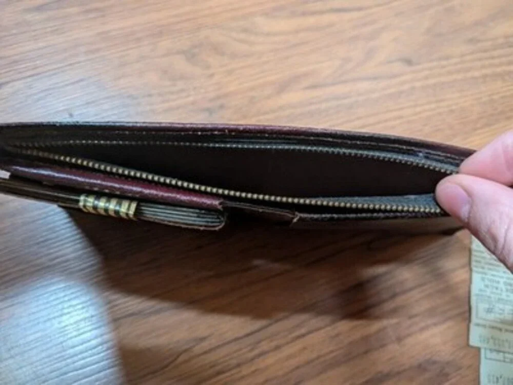 Vintage 1950s Genuine Leather Bifold Wallet Zipper Many Compartments Brown